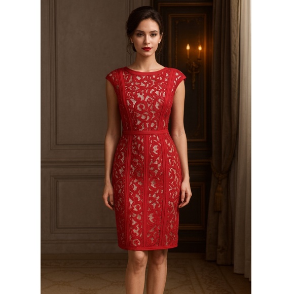 Tadashi Shoji Dresses & Skirts - Tadashi Shoji Lace Boatneck Cap Sleeve Cocktail Red Dress, 6